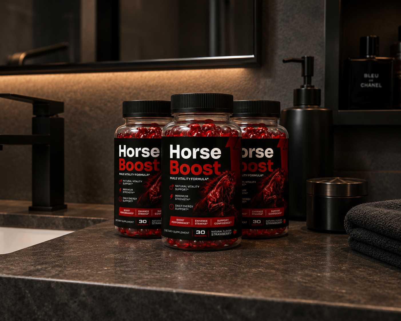Horse Boost male vitality formula bottles